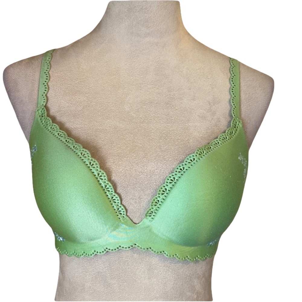 Victoria's Secret Angel Lime Green Lace Bra with Embroidered Blue Flower Detail